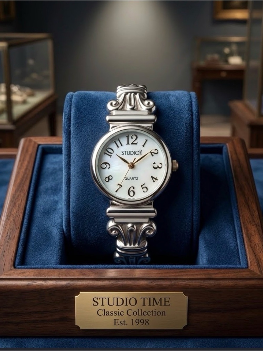 Studio Time Womens Silver-Tone Mother-of-Pearl Bracelet Watch